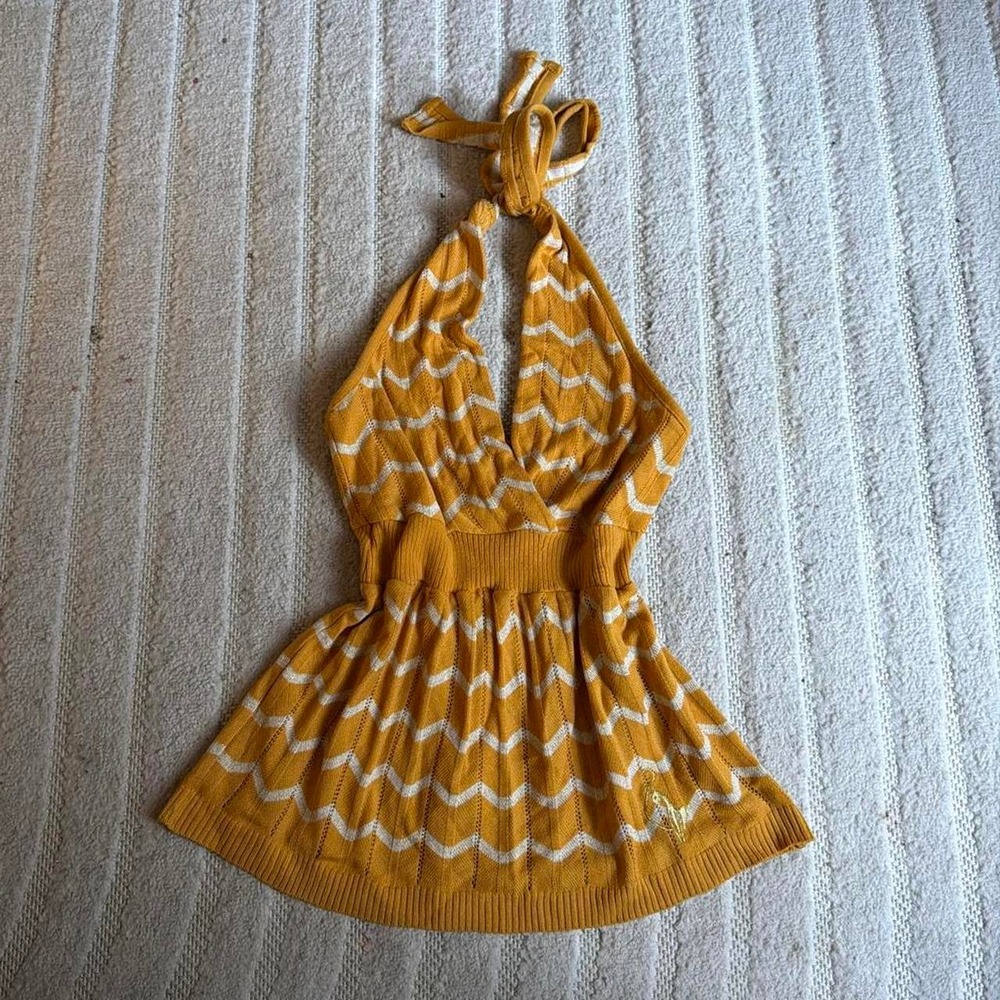 VTG Y2K Baby Phat Yellow white chevron knit halter top size M Baddie Whimsy